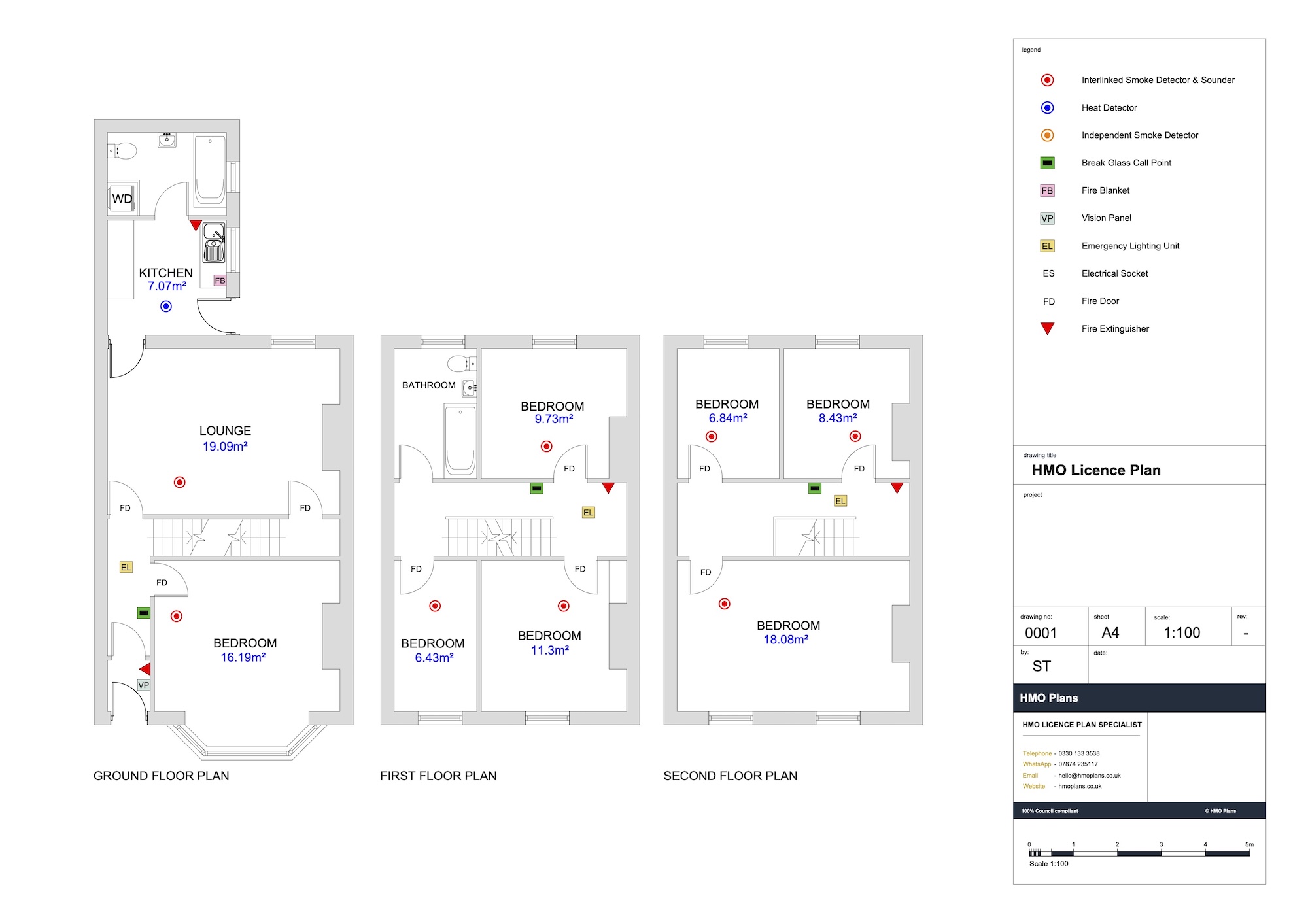 Example HMO Licence Floor Plan showing rooms, floor areas, fire doors and escape routes